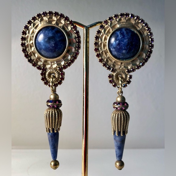 ✔️SOLD ✔️Stunning Sorrelli vintage brass/lapis/amethyst clip on earrings. - Picture 3 of 8
